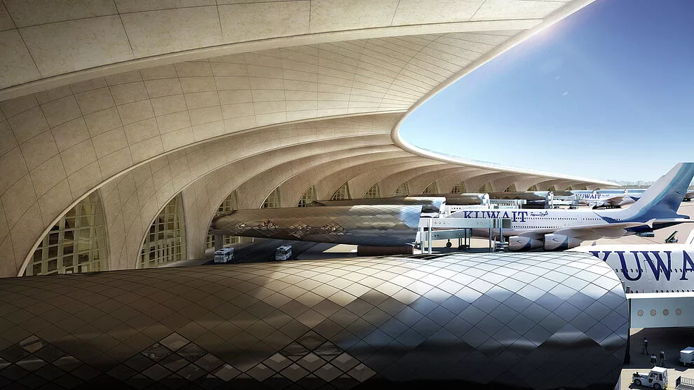 Kuwait International Airport T2 exterior — sweeping cantilevered curved concrete roof with jet bridges